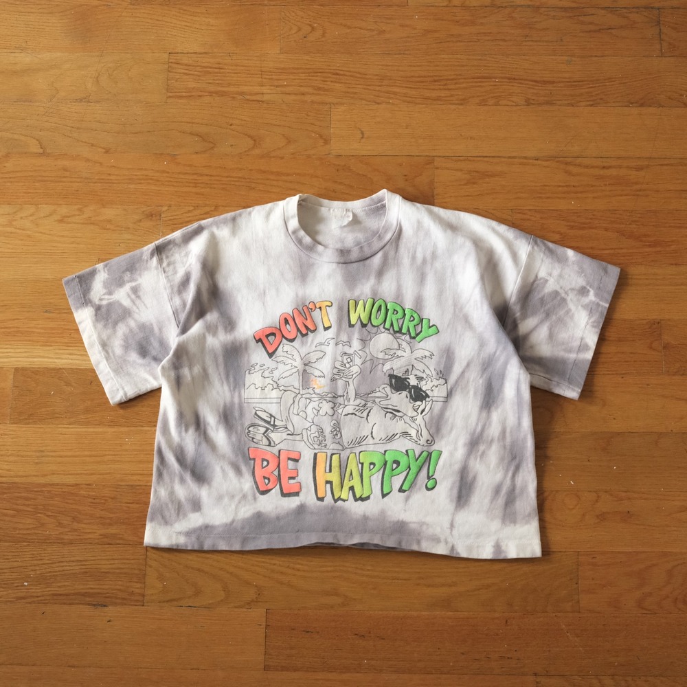 Vintage Cropped Graphic T-Shirt Women Grey Tie Dye Don't Worry Be Happy Retro OS